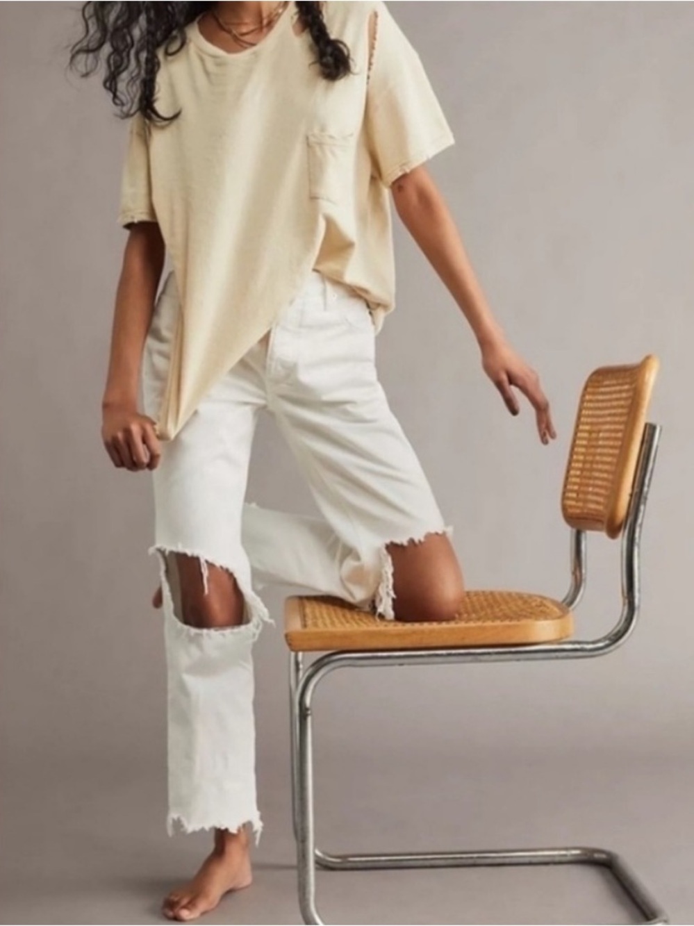 FREE PEOPLE WE THE FREE Maggie Beachy Shredded Distressed White Cropped Jeans